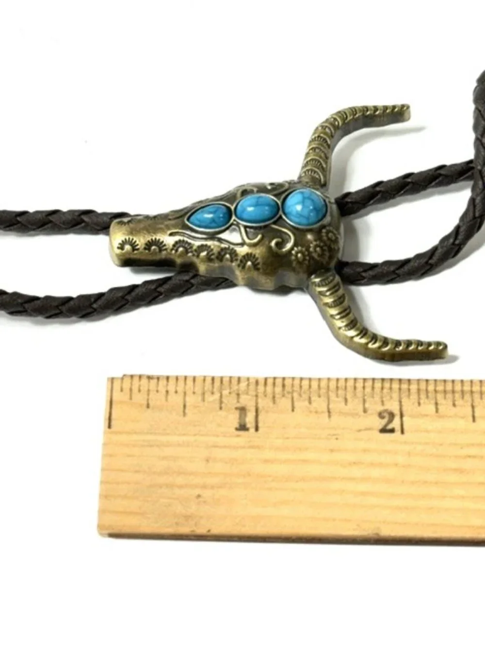 Gold-tone, turquoise-tone bull skull western cowboy bolo tie